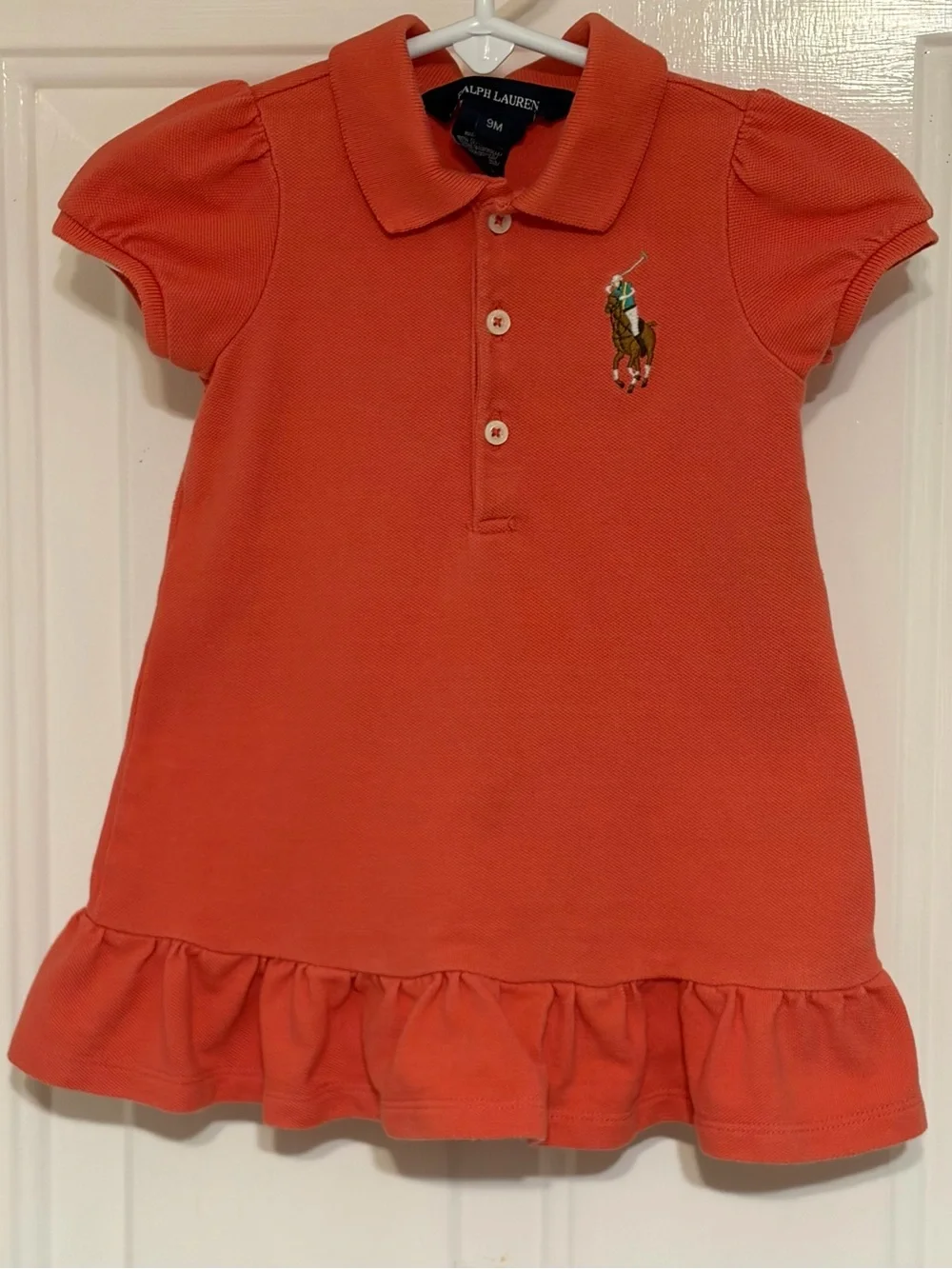 Ralph Lauren Baby Girls Orange Dress w/Ruffle Hem & Large Polo Pony 9 Months